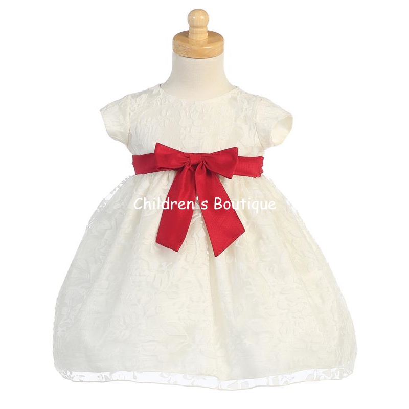 Ivory Organza Burnout Dress With Red Taffeta Bow